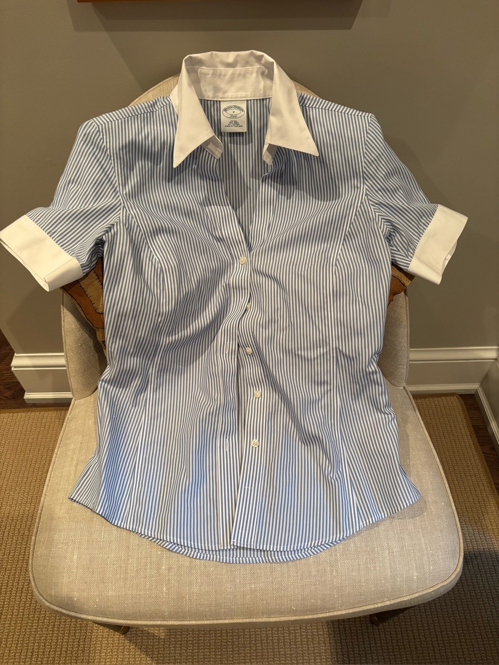 Brooks Brothers Pinstripe Short-Sleeve Dress Shirt with White Contrast